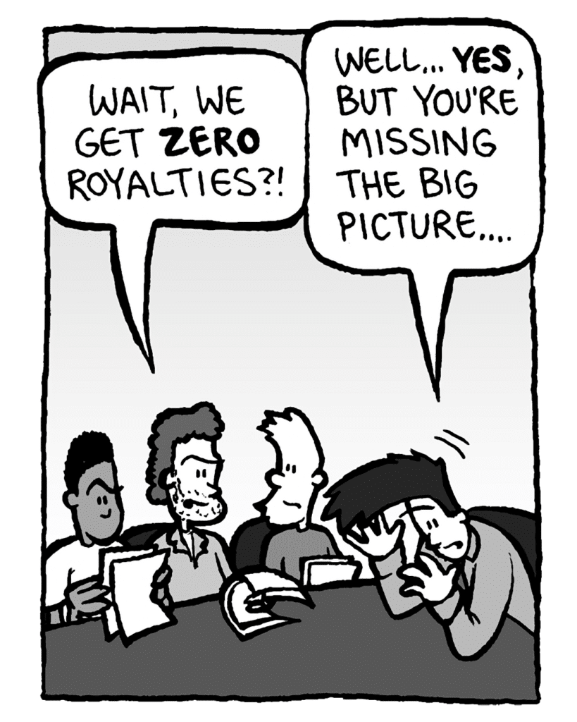 JANOS: Wait, we get zero royalties?!
JOEL: Well... yes, but you're missing the big picture....