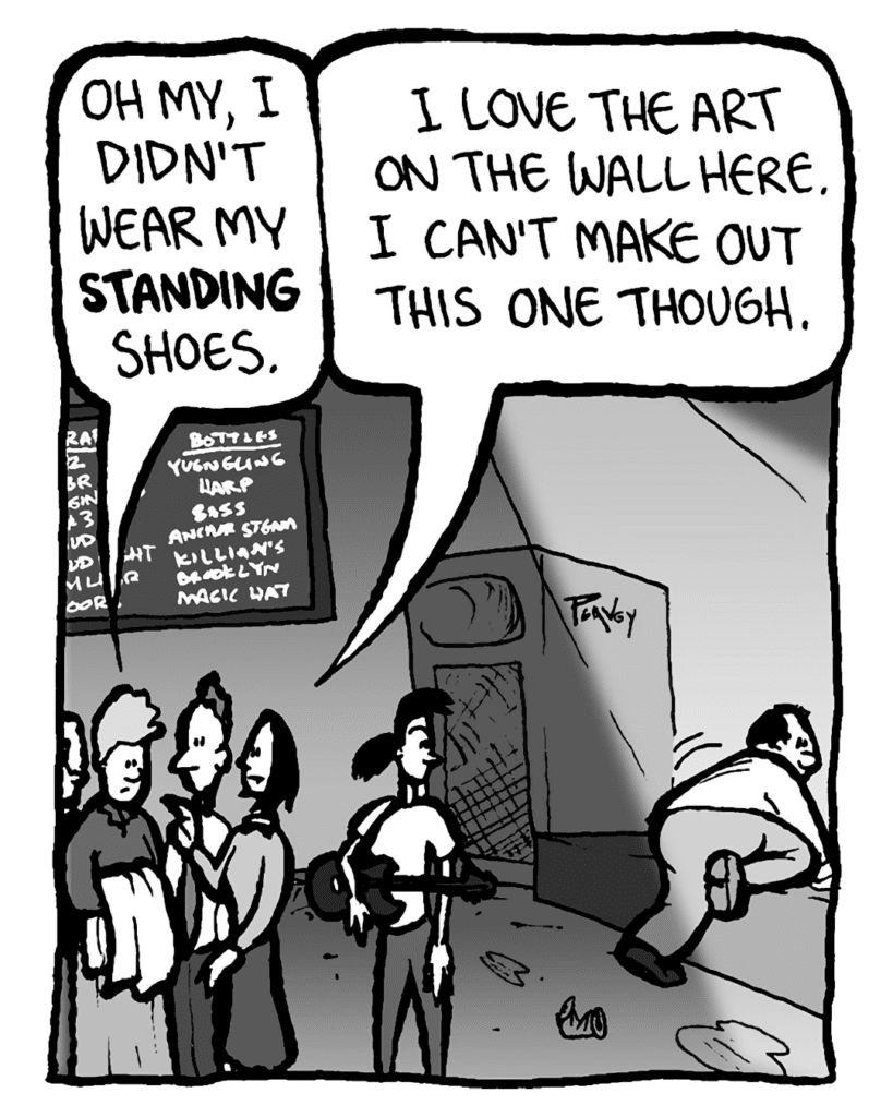 MARCY: Oh my, I didn't wear my standing shoes.
SARA: I love the art on the wall here. I can't make out this one though.
