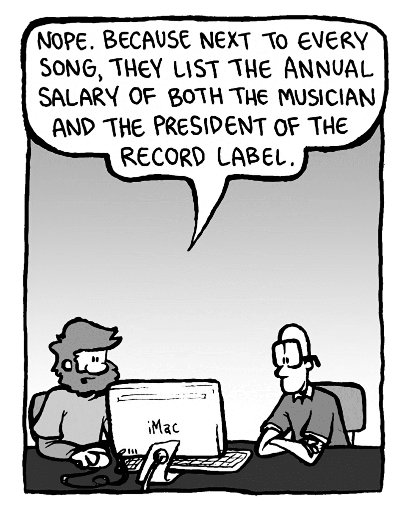 GREG: Nope. Because next to every song, they list the annual salary of both the musician and the president of the record label.