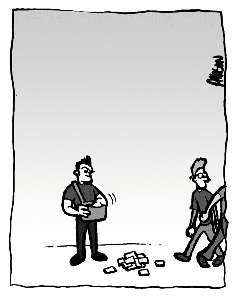 (Mo drops his flyers and walks off.)
