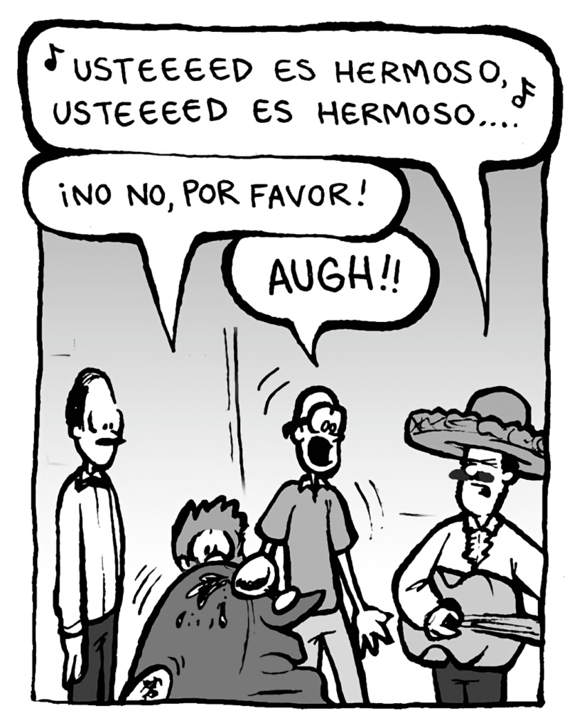 MEXICAN MUSICIAN: (singing) Usted es hermoso, usted es hermoso....
GREG: ¡ No, no, por favor!
BRETT: AUGH!!
