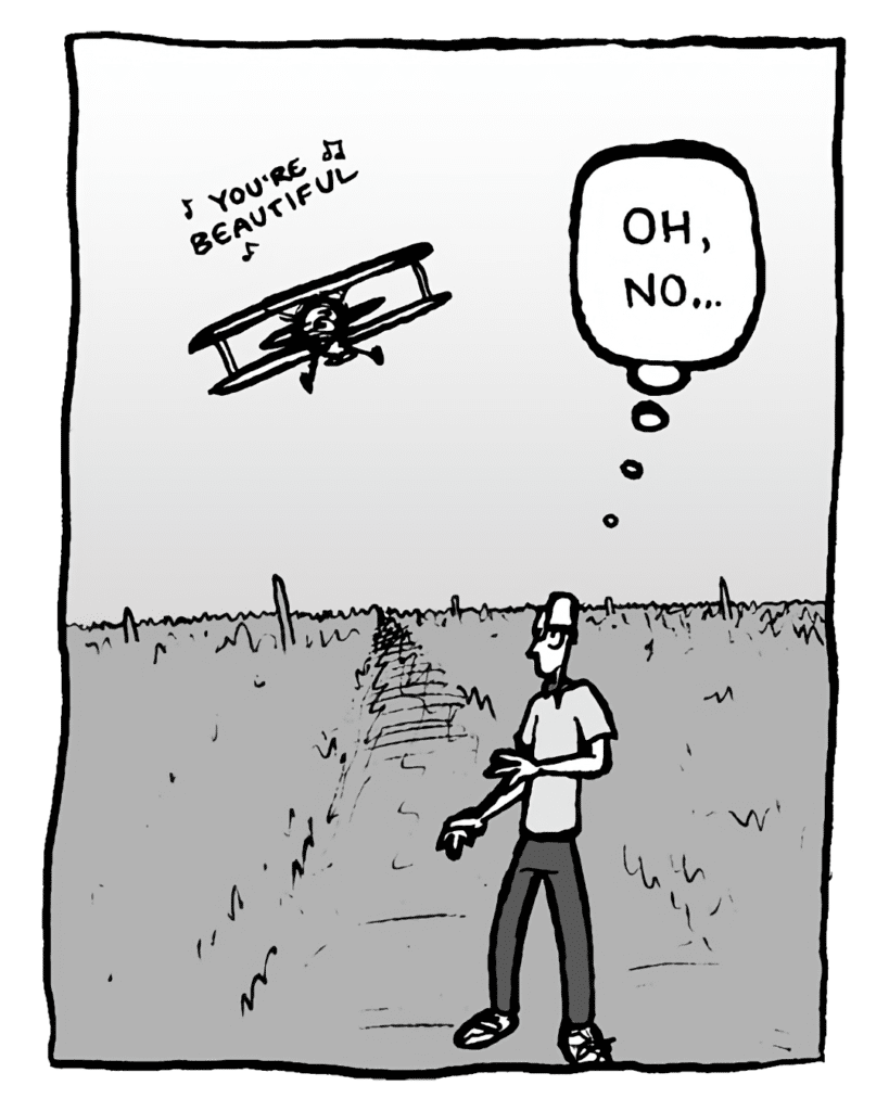 BIPLANE: (singing) You're beautiful....
BRETT: Oh, no....