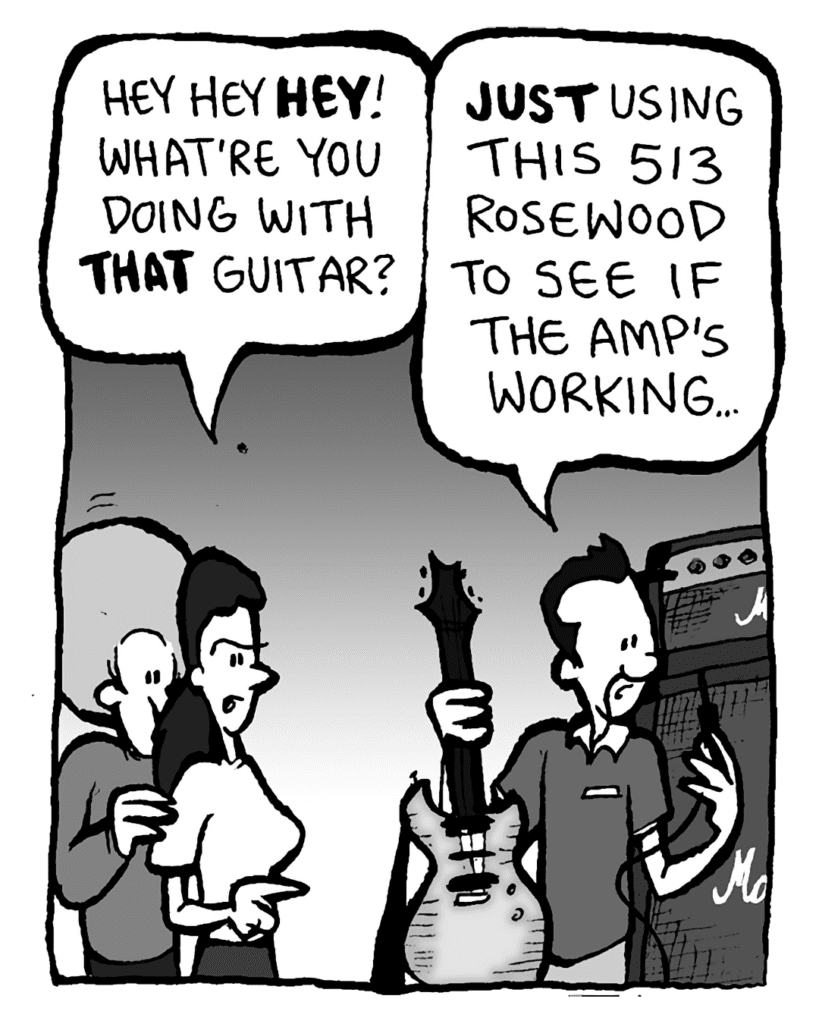 RONI: Hey hey HEY! What're you doing with THAT guitar?
GUITARPLANET CLERK: JUST using this 513 Rosewood to see if the amp's working...