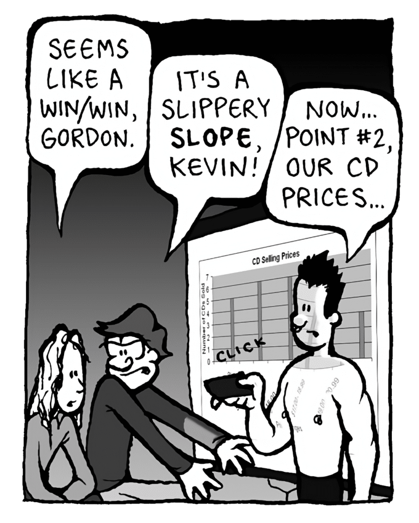 KEVIN EDO: Seems like a win/win, Gordon.
GORDON CRANWICK: It's a slippery SLOPE, Kevin!
PETER WELD: Now... point #2, our CD prices...