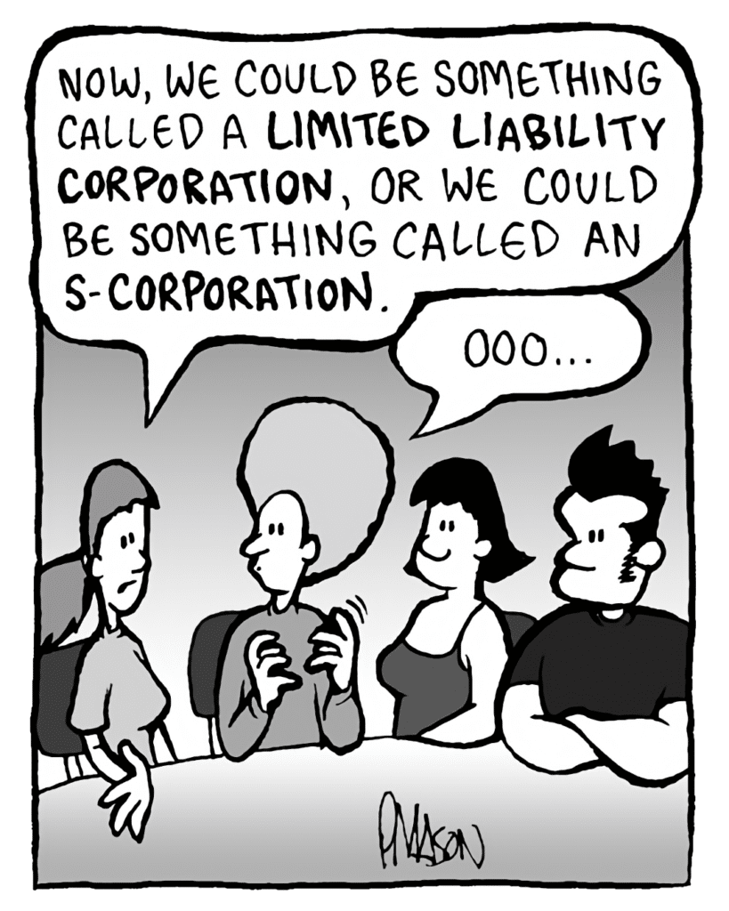 RONI: Now, we could be something called a Limited Liability Corporation, or we could be something called an S-corporation.
DAN: Ooo...