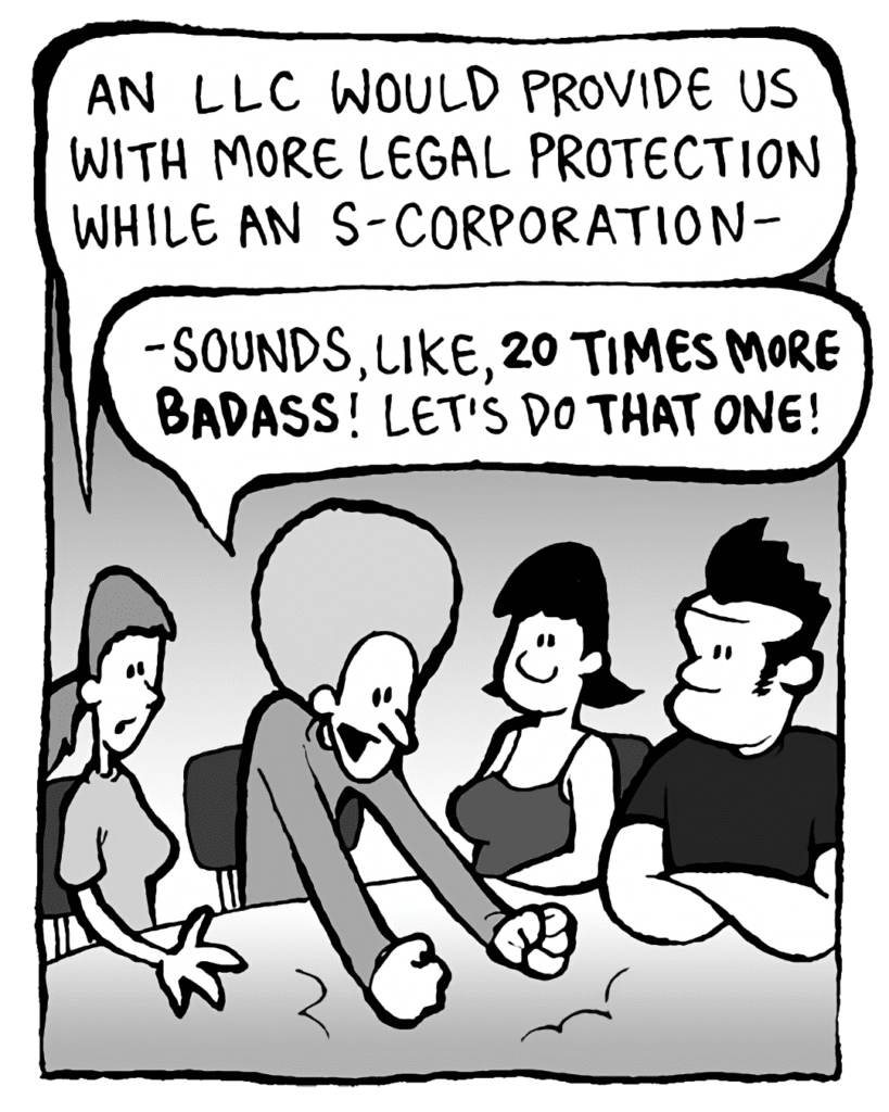 RONI: An LLC would provide us with more legal protection while an S-Corporation-
DAN: -sounds, like, 20 times more badass! Let's do that one!