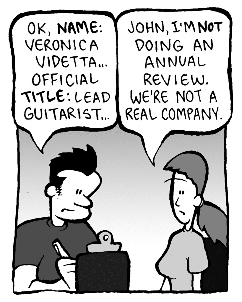 JOHN: OK, NAME: Roni Videtta... official TITLE: lead guitarist...
RONI: John, I'm not doing an annual review. We're not a real company.