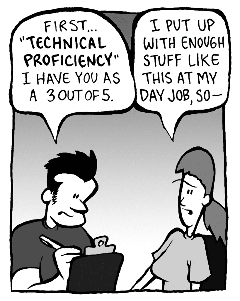 JOHN: First: "TECHNICAL PROFICIENCY". I have you down for a 4 out of 5.
RONI: I put up with enough stuff like this at my day job, so-