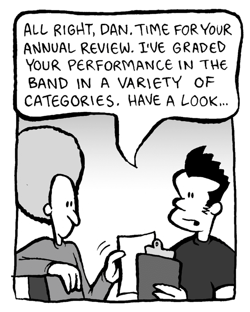 JOHN: All right, Dan, time for your annual review. I've graded your performance in the band in a variety of categories. Have a look...