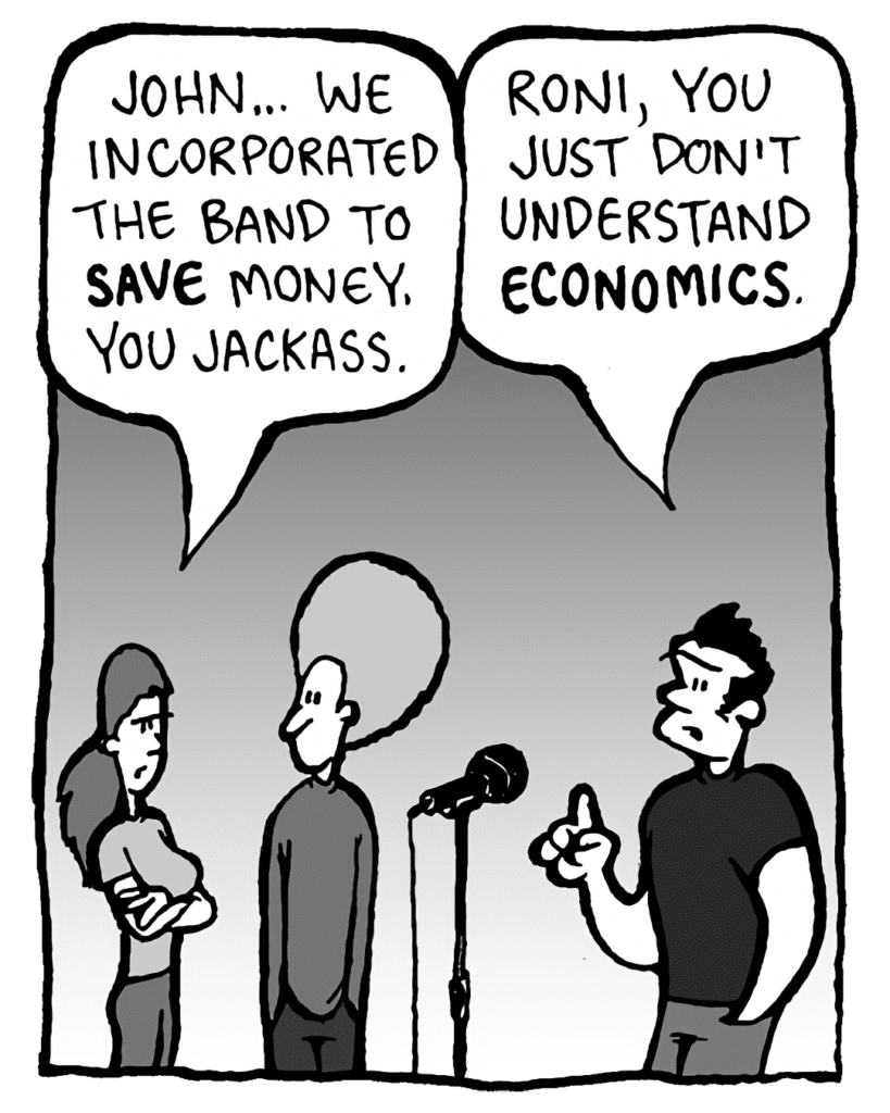 RONI: John... we incorporated the band to SAVE money, you jackass.
JOHN: Roni, you just don't understand ECONOMICS.