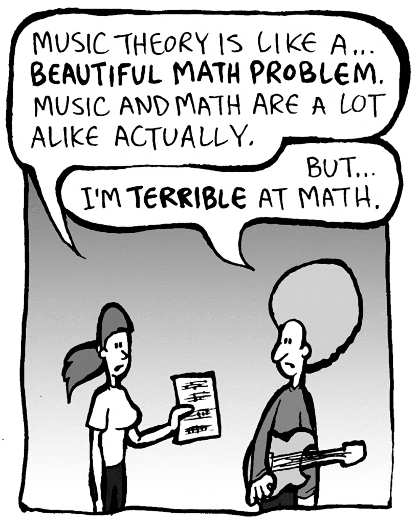RONI: Music theory is like a... BEAUTIFUL MATH PROBLEM. Music and math are a lot alike actually.
DAN: But... I'm TERRIBLE at math.