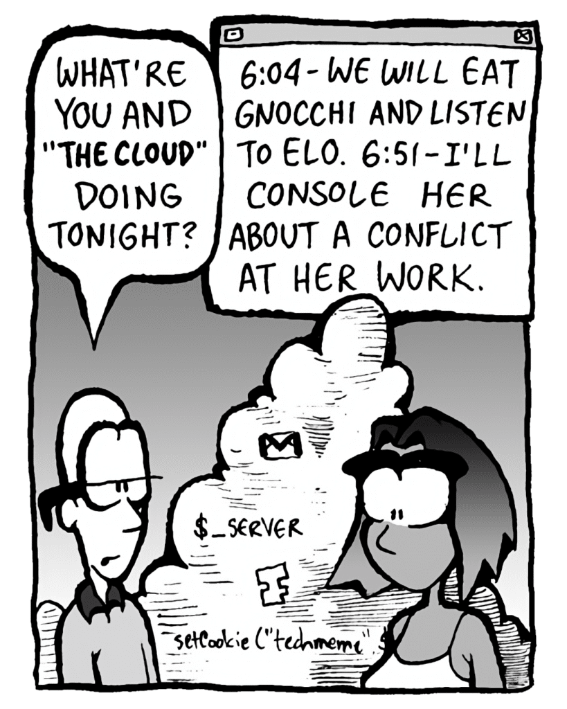BRETT: What're you and "THE CLOUD" doing tonight?
THE CLOUD: 6:04 - We will eat gnocchi and listen to ELO. 6:51 - I'll console her about a conflict at work.