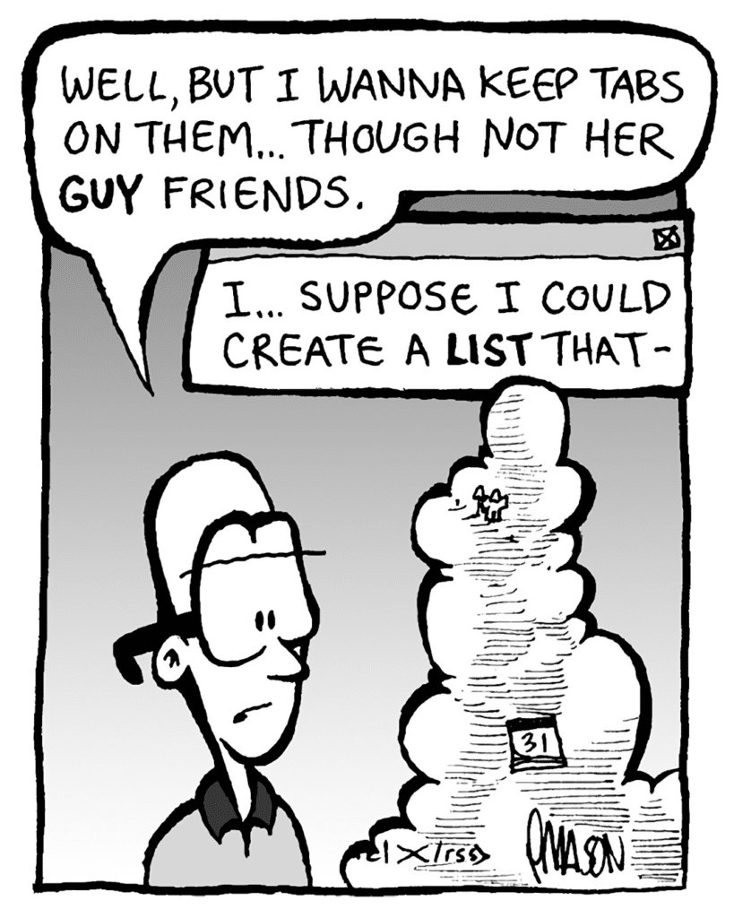 BRETT: Well, but I want to keep tabs on them... though not her GUY friends.
THE CLOUD: I... suppose I could create a LIST that-