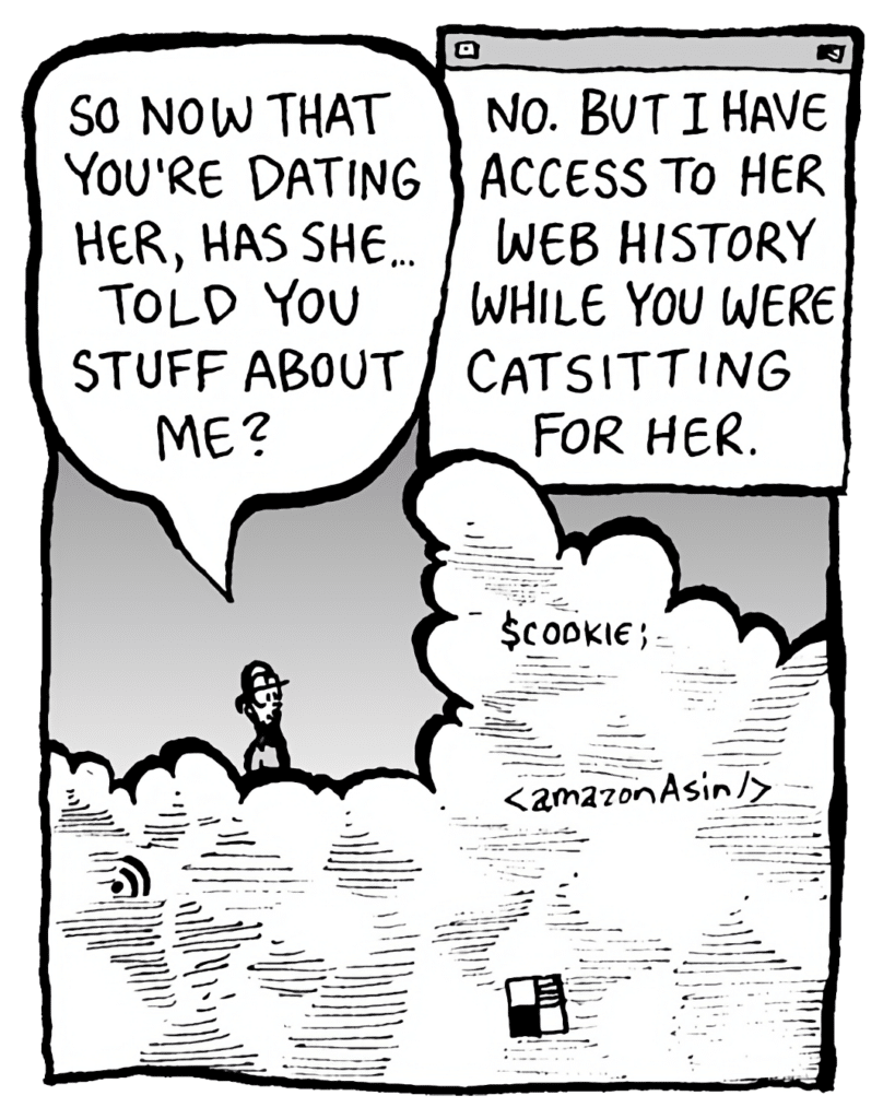 BRETT: So now that you're dating her, has she... told you stuff about me?
THE CLOUD: No. But I have access to her Web history while you were catsitting for her.