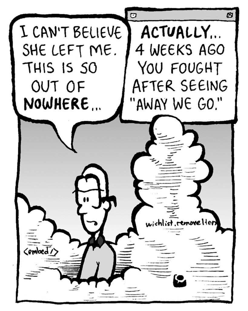 BRETT: I can't believe she left me. This is so out of NOWHERE...
THE CLOUD: ACTUALLY... 4 weeks ago you fought after seeing "Away We Go".