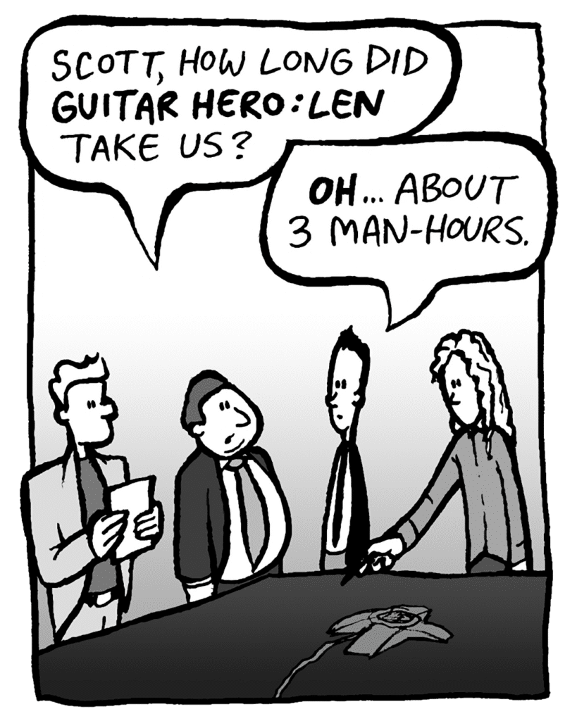 BOBBY KOTICK: Scott, how long did GUITAR HERO: LEN take us?
SCOTT OF ACTIVISION: OH... about 3 man-hours.