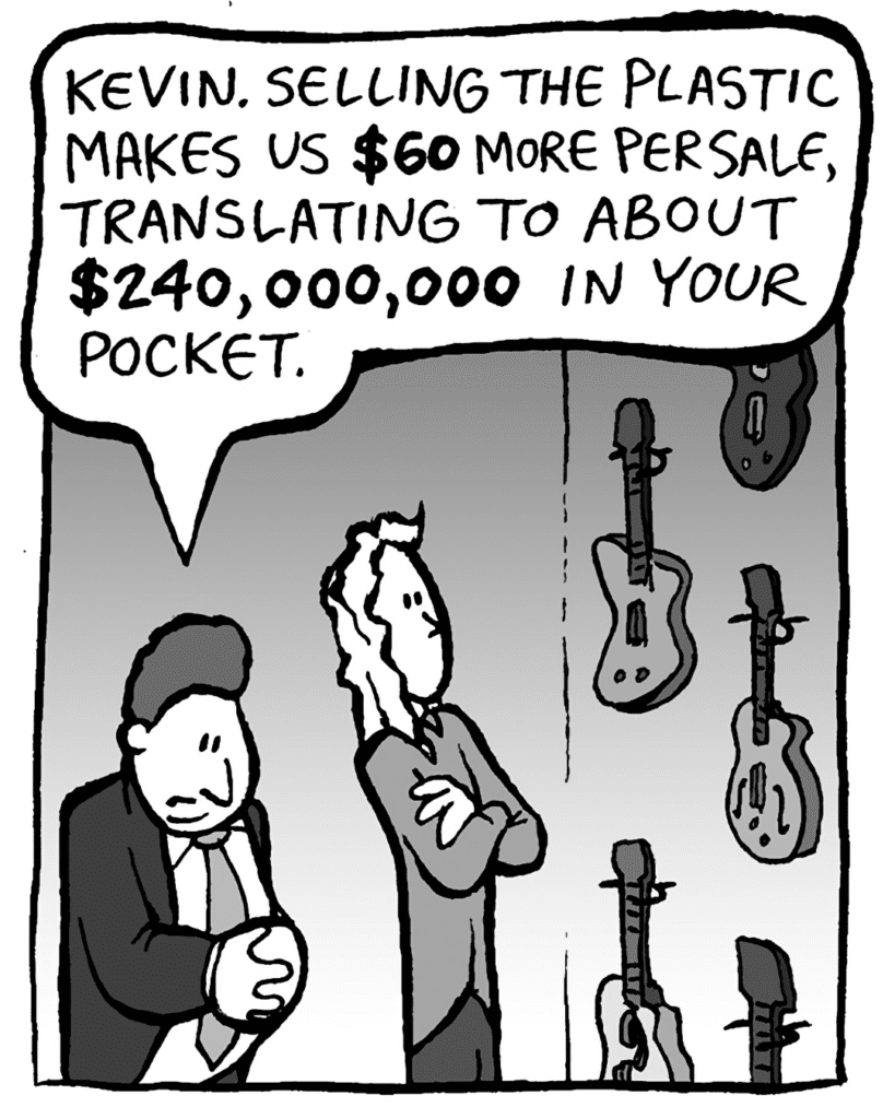 BOBBY KOTICK: Kevin. Selling the plastic makes us $60 more per sale, translating to about $240,000,000 in your pocket.