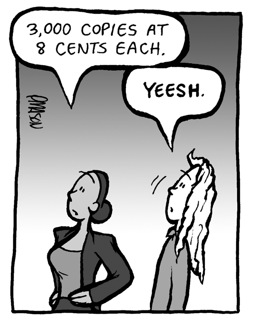 RITA: 3,000 copies at 8 cents each.
KEVIN: Yeesh.