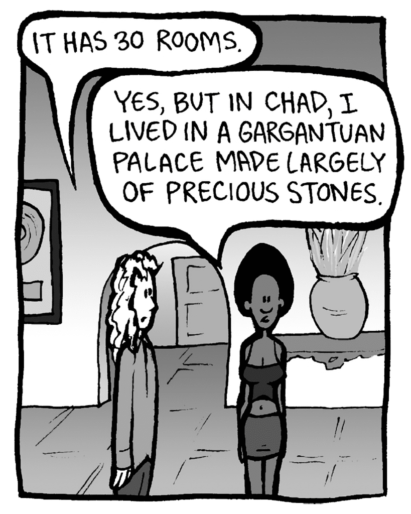 KEVIN: It has 30 rooms.
SHUKRI: Yes, but in Chad, I lived in a gargantuan palace made largely of precious stones.